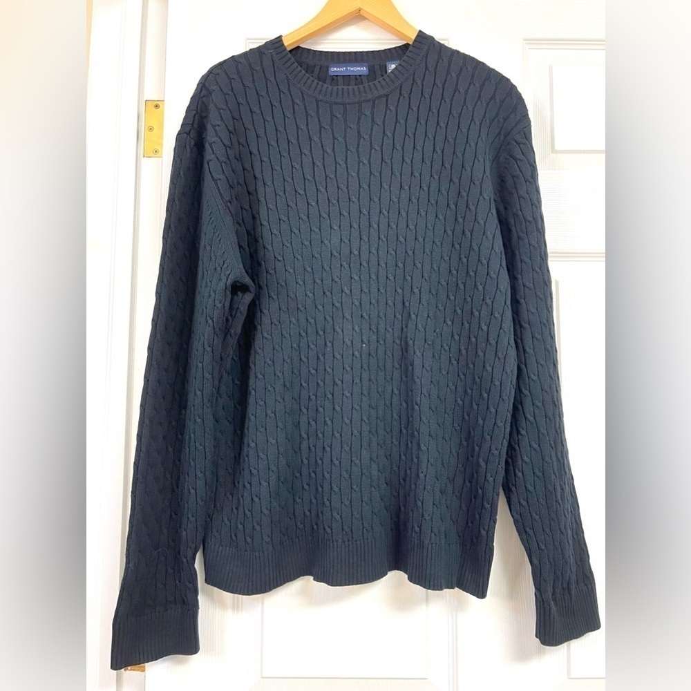Grant Thomas Size XL 100% Pima Cotton Cable Knit in Black Sweater Men luxury